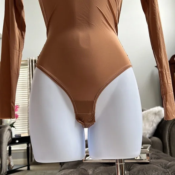 SKIMS Long Sleeve Bodysuit in Tan - Picture 2 of 9